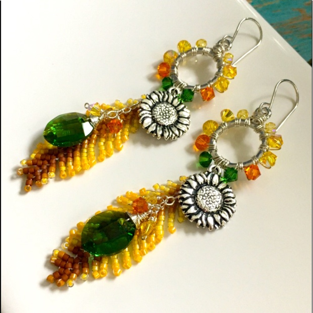 Sunflower beaded charm earrings